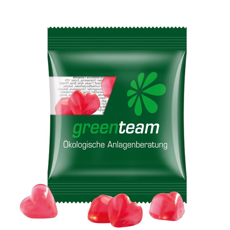 Minitüte 10 g, transparente kompostierbare Folie, Trolli Fruchtgummi Herz rot