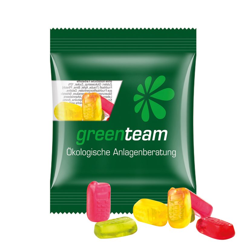 Minitüte 10 g, transparente kompostierbare Folie, Trolli Fruchtgummi Handy