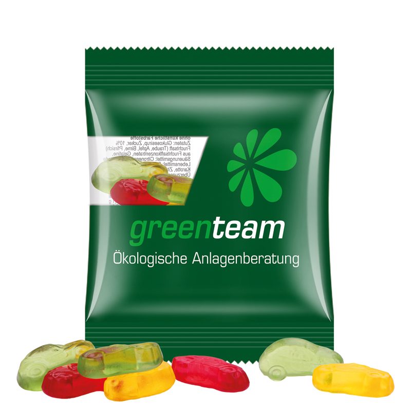 Minitüte 10 g, transparente kompostierbare Folie, Trolli Fruchtgummi Autos
