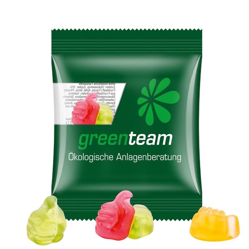 Minitüte 10 g, transparente kompostierbare Folie, Trolli Fruchtgummi Daumen