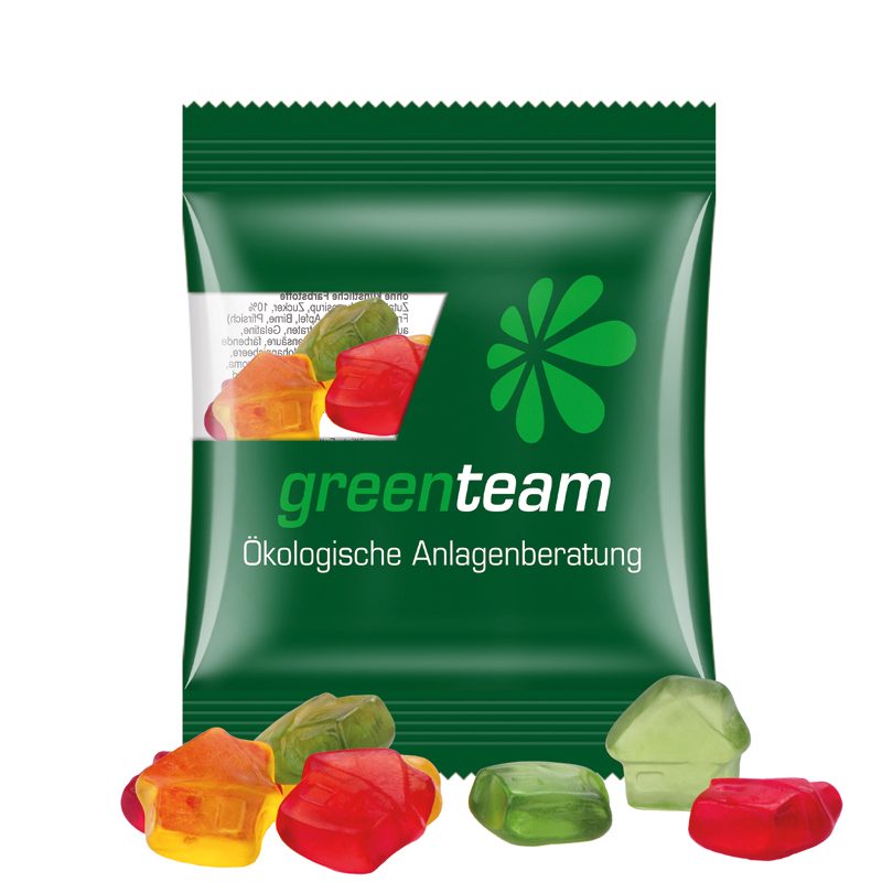 Minitüte 10 g, transparente kompostierbare Folie, Trolli Fruchtgummi Haus