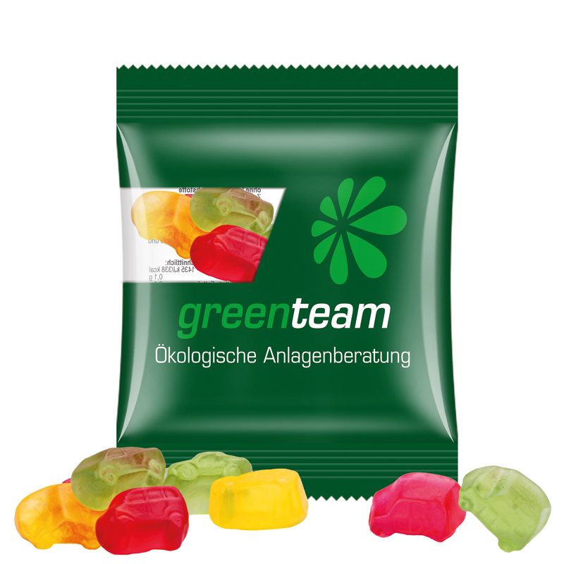 Minitüte 10 g, transparente kompostierbare Folie, Trolli Fruchtgummi Auto-Mischung