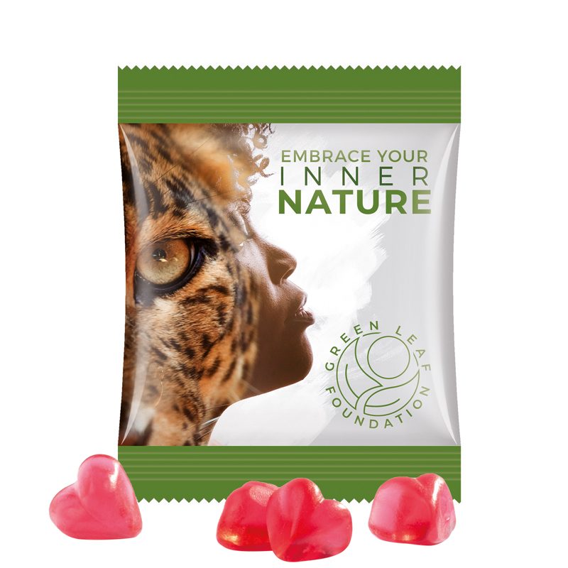 Minitüte 10 g, weiße Folie, Trolli Fruchtgummi Herz rot