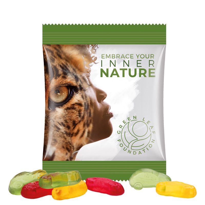 Minitüte 10 g, weiße Folie, Trolli Fruchtgummi Autos