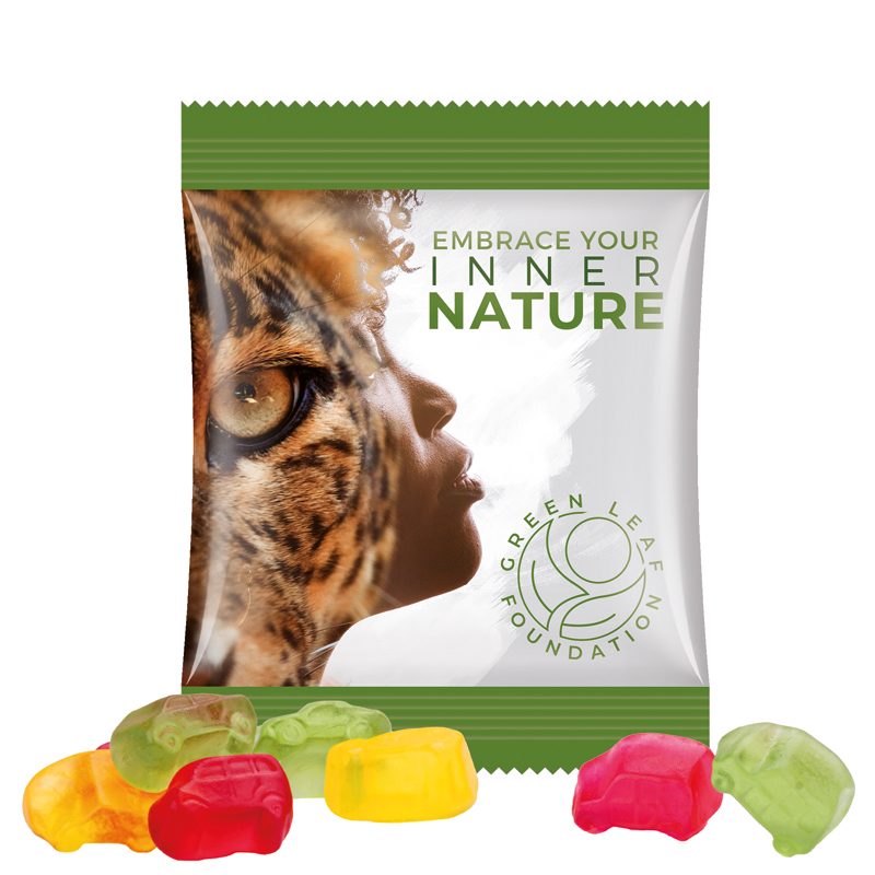 Minitüte 10 g, weiße Folie, Trolli Fruchtgummi Auto-Mischung