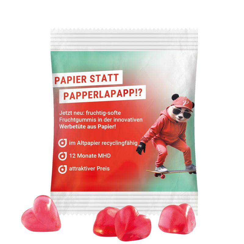 Minitüte 10 g, weißes recyclingfähiges PapierPlus Pro, Trolli Fruchtgummi Herz rot, Erdbeergeschmack