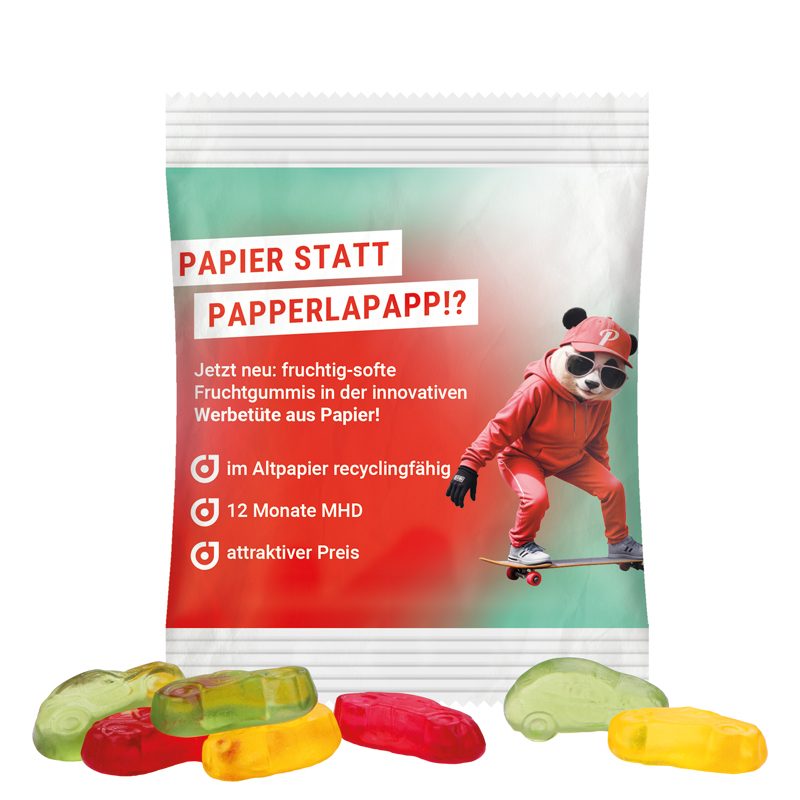 Minitüte 10 g, weißes recyclingfähiges PapierPlus Pro, Trolli Fruchtgummi Autos