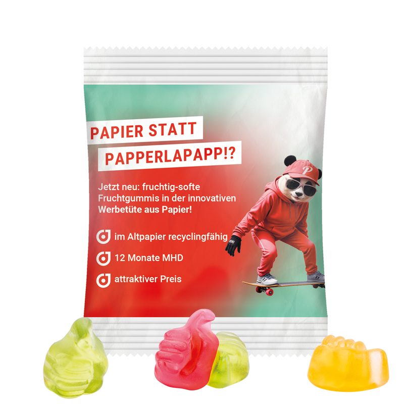 Minitüte 10 g, weißes recyclingfähiges PapierPlus Pro, Trolli Fruchtgummi Daumen