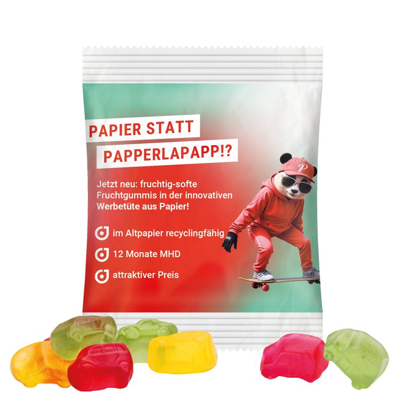 Minitüte 10 g, weißes recyclingfähiges PapierPlus Pro, Trolli Fruchtgummi Auto-Mischung