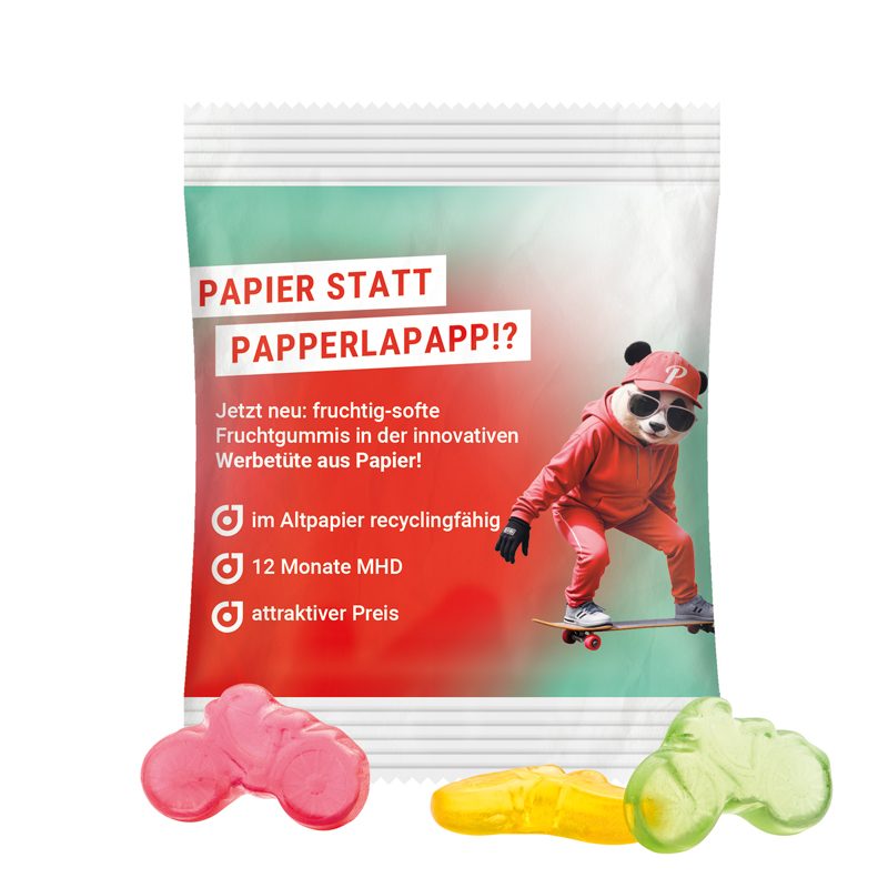Minitüte 10 g, weißes recyclingfähiges PapierPlus Pro, Trolli Fruchtgummi Fahrrad