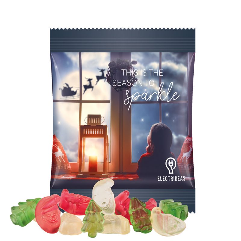 Minitüte 10 g, weiße Folie, Trolli Fruchtgummi Weihnachtsmischung