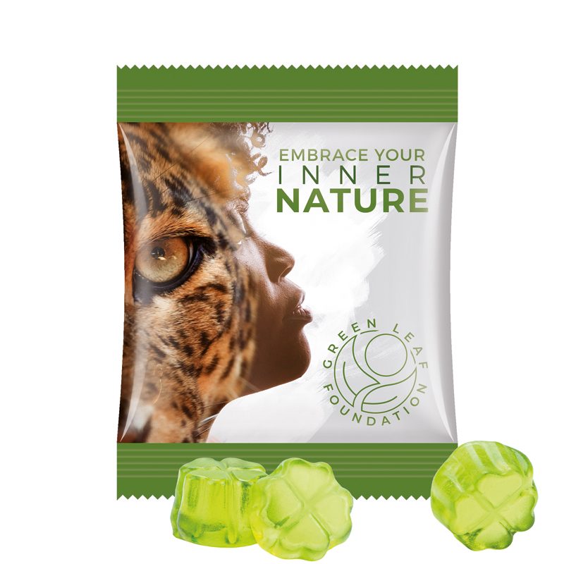 Minitüte 10 g, weiße Folie, Trolli Fruchtgummi Kleeblatt