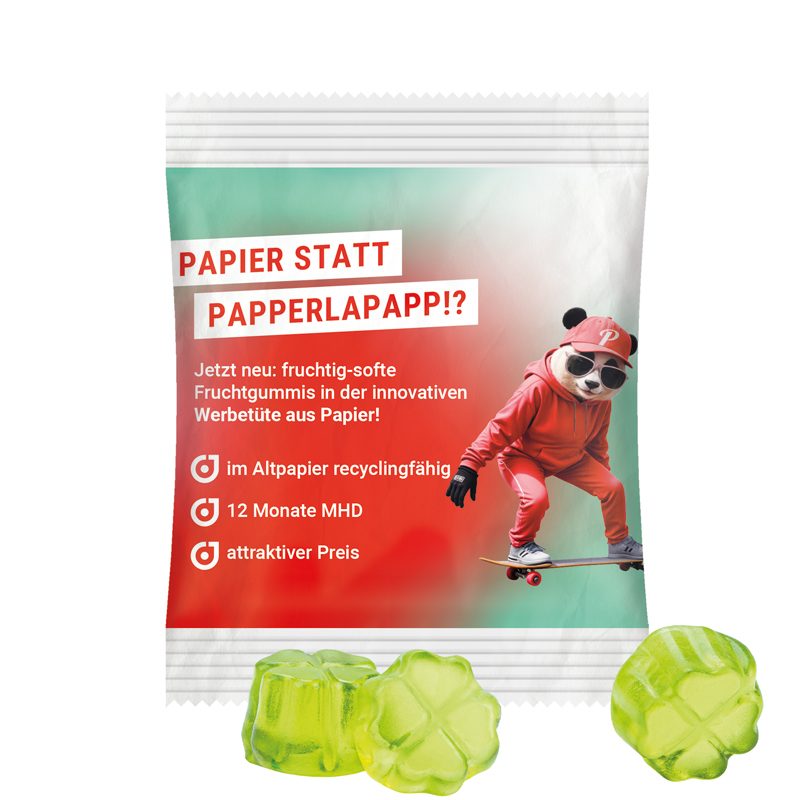 Minitüte 10 g, weißes recyclingfähiges PapierPlus Pro, Trolli Fruchtgummi Kleeblatt