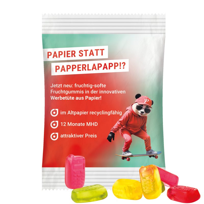 Minitüte 15 g, weißes recyclingfähiges PapierPlus Pro, Trolli Fruchtgummi Handy