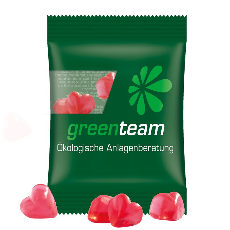 Minitüte 15 g, transparente kompostierbare Folie, Trolli Fruchtgummi Herz rot