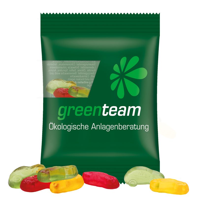 Minitüte 15 g, transparente kompostierbare Folie, Trolli Fruchtgummi Autos