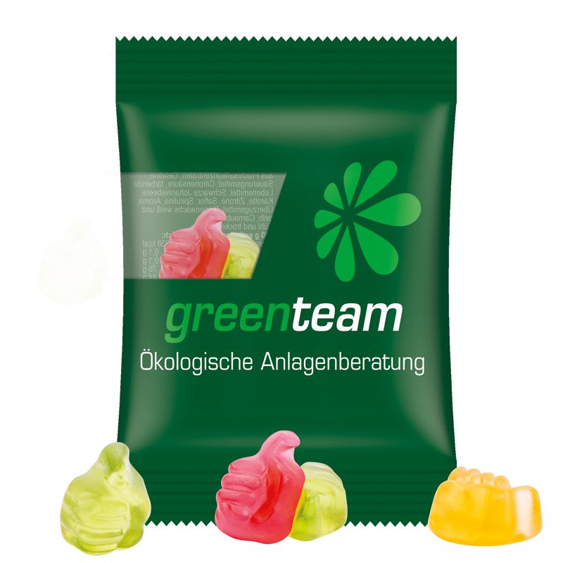 Minitüte 15 g, transparente kompostierbare Folie, Trolli Fruchtgummi Daumen
