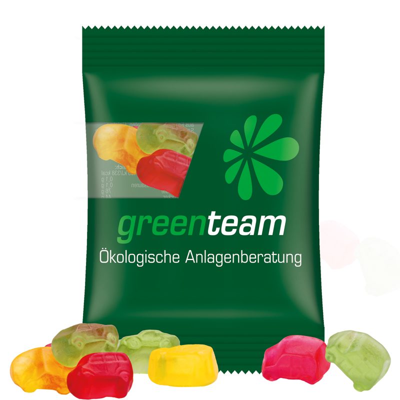 Minitüte 15 g, transparente kompostierbare Folie, Trolli Fruchtgummi Auto-Mischung