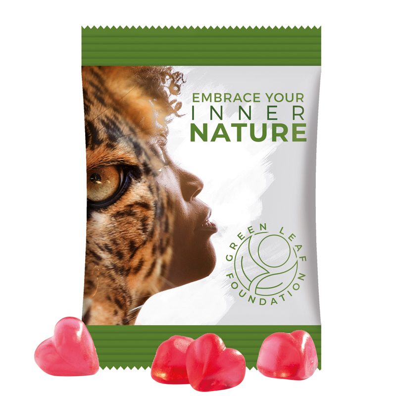 Minitüte 15 g, weiße Folie, Trolli Fruchtgummi Herz rot