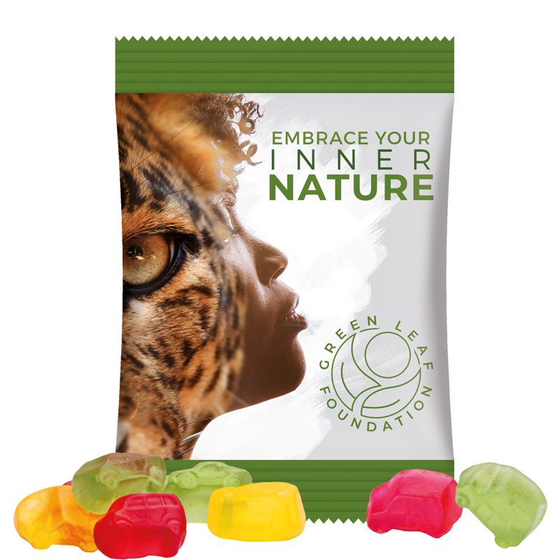 Minitüte 15 g, weiße Folie, Trolli Fruchtgummi Auto-Mischung