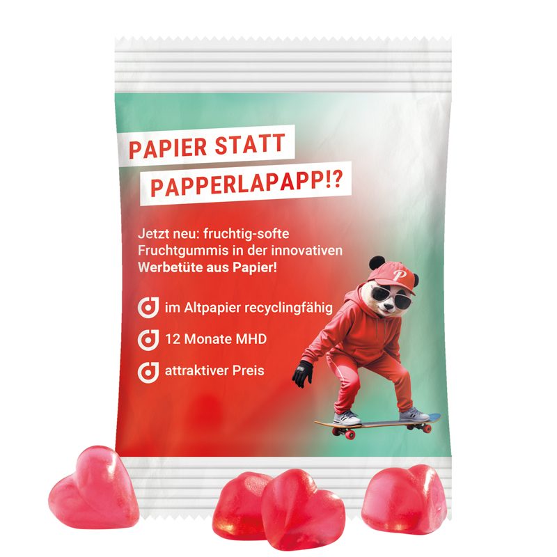 Minitüte 15 g, weißes recyclingfähiges PapierPlus Pro, Trolli Fruchtgummi Herz rot