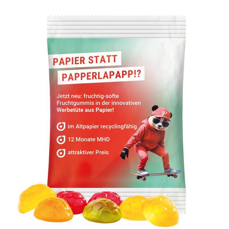 Minitüte 15 g, weißes recyclingfähiges PapierPlus Pro, Trolli Fruchtgummi Fußbälle