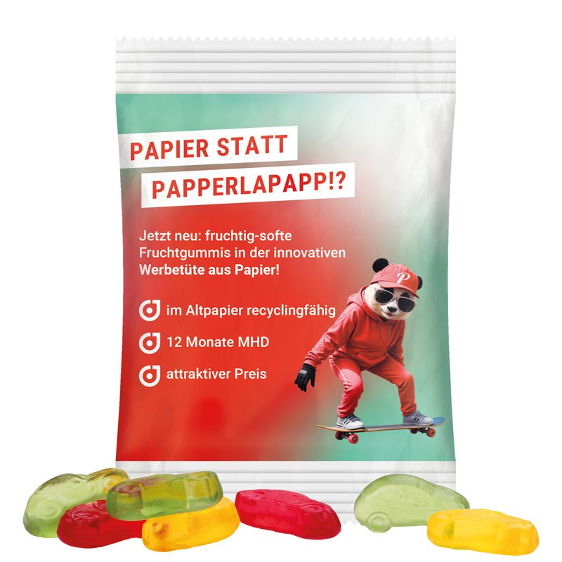 Minitüte 15 g, weißes recyclingfähiges PapierPlus Pro, Trolli Fruchtgummi Autos