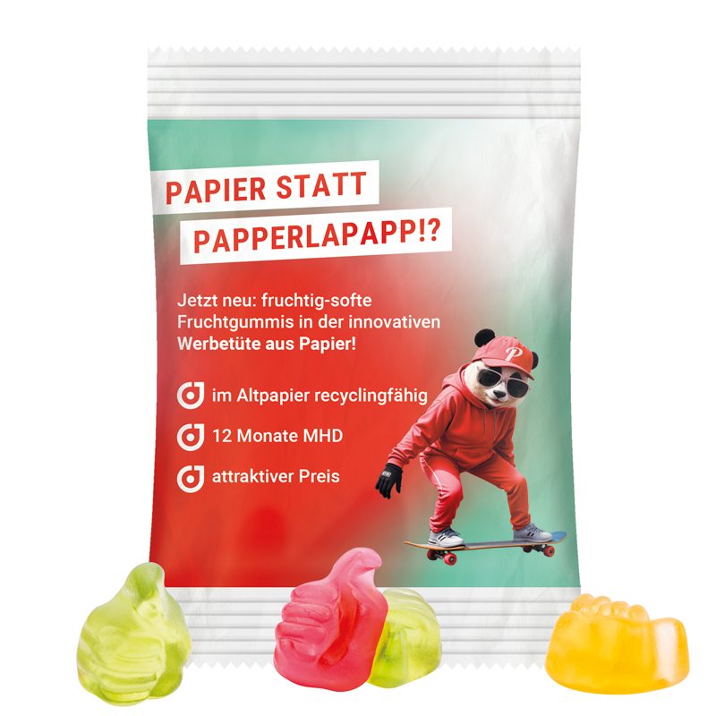 Minitüte 15 g, weißes recyclingfähiges PapierPlus Pro, Trolli Fruchtgummi Daumen