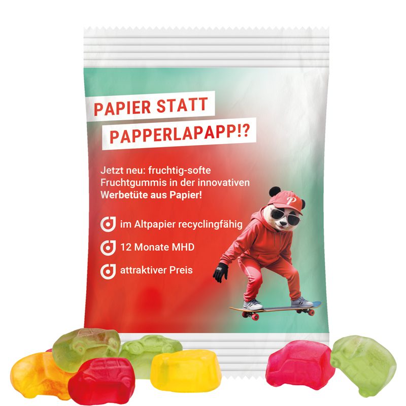 Minitüte 15 g, weißes recyclingfähiges PapierPlus Pro, Trolli Fruchtgummi Auto-Mischung