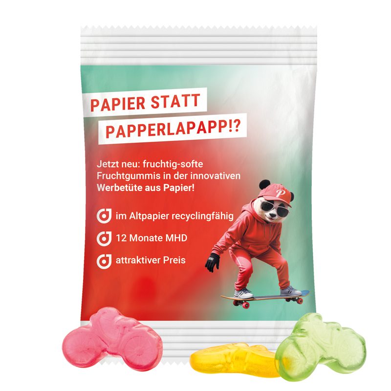 Minitüte 15 g, weißes recyclingfähiges PapierPlus Pro, Trolli Fruchtgummi Fahrrad