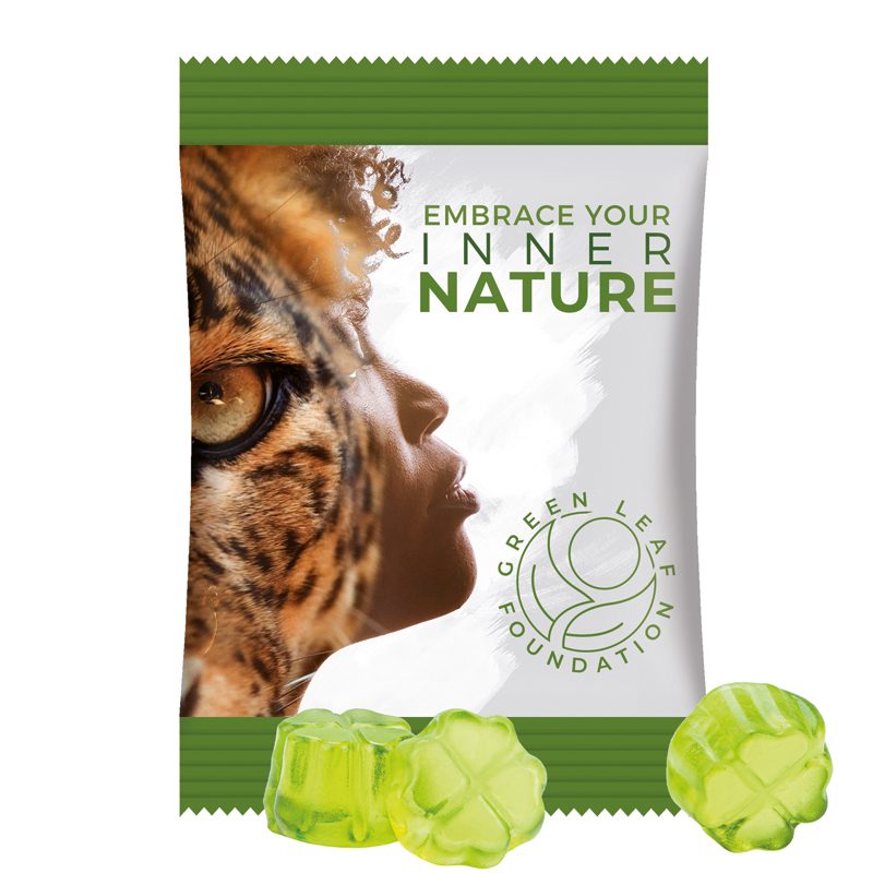 Minitüte 15 g, weiße Folie, Trolli Fruchtgummi Kleeblatt grün-15 g