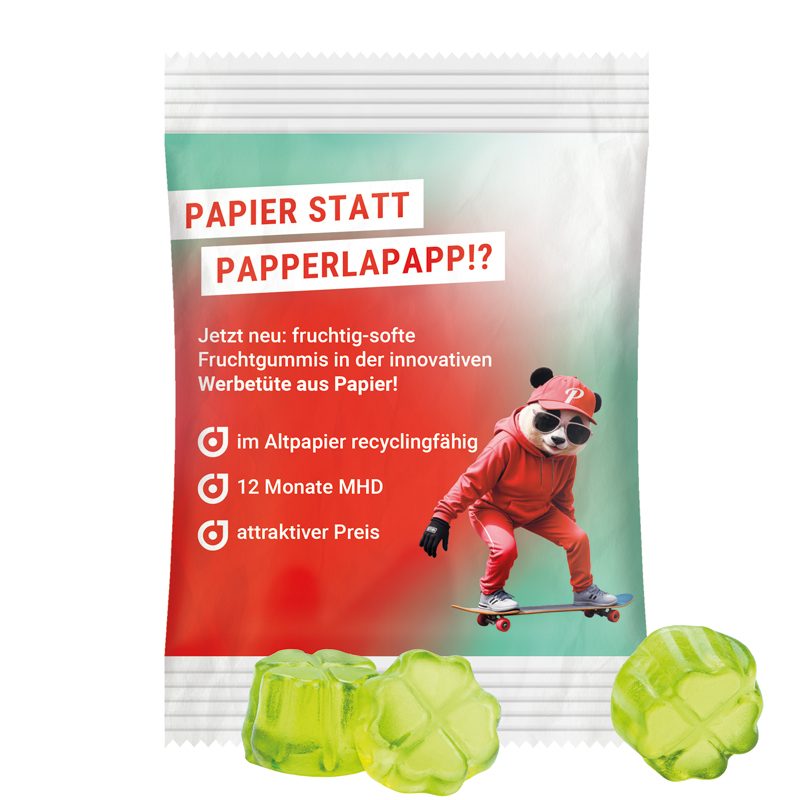 Minitüte 15 g, weißes recyclingfähiges PapierPlus Pro, Trolli Fruchtgummi Kleeblatt