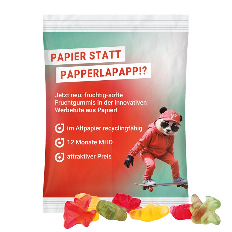 Maxitüte, weißes recyclingfähiges PapierPlus Pro, Trolli Fruchtgummi Flugzeuge