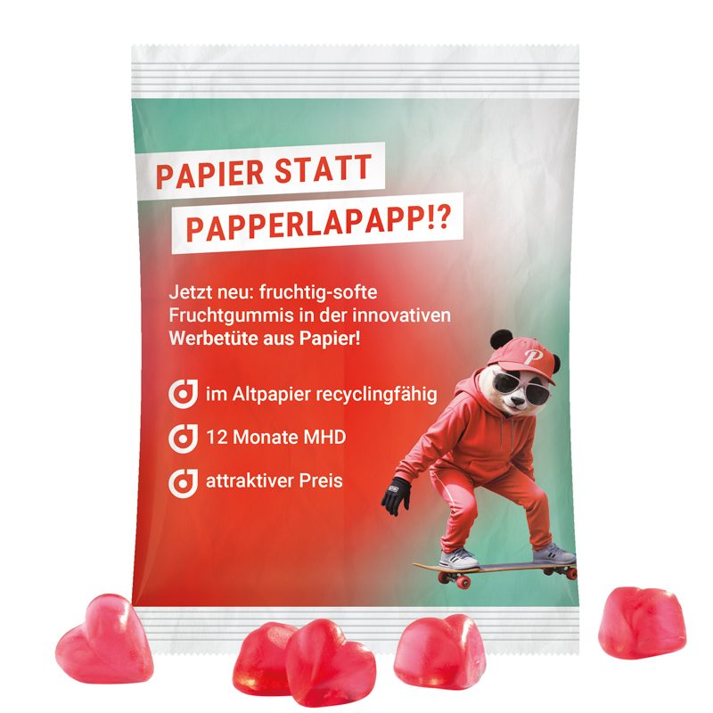 Maxitüte, weißes recyclingfähiges PapierPlus Pro, Trolli Fruchtgummi Herz rot
