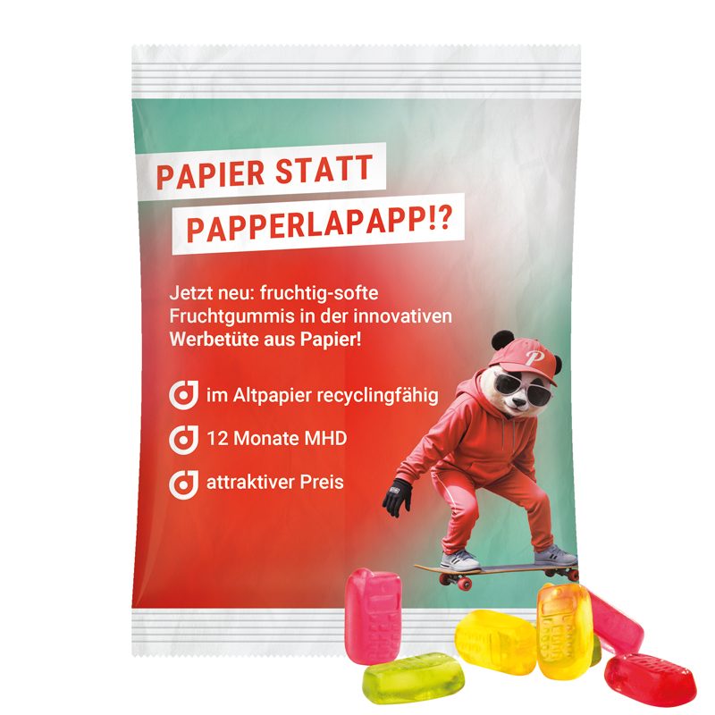 Maxitüte, weißes recyclingfähiges PapierPlus Pro, Trolli Fruchtgummi Handy