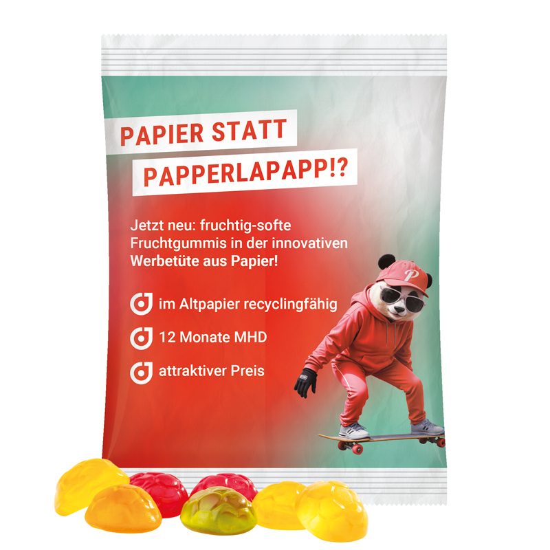 Maxitüte, weißes recyclingfähiges PapierPlus Pro, Trolli Fruchtgummi Fußbälle