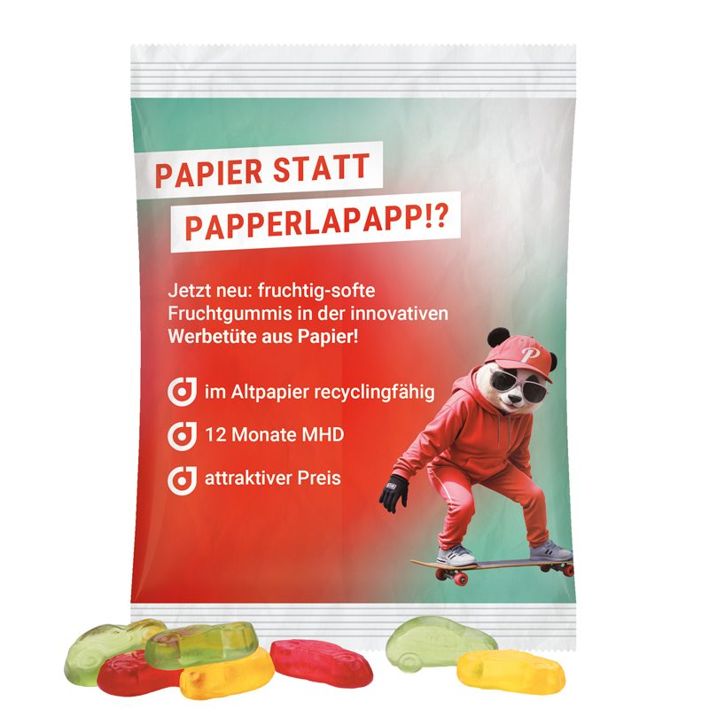 Maxitüte, weißes recyclingfähiges PapierPlus Pro, Trolli Fruchtgummi Autos, bunt gemischt