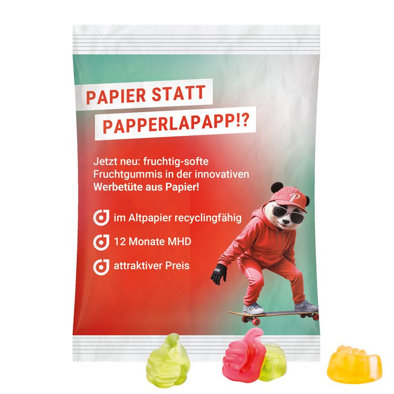 Maxitüte, weißes recyclingfähiges PapierPlus Pro, Trolli Fruchtgummi Daumen