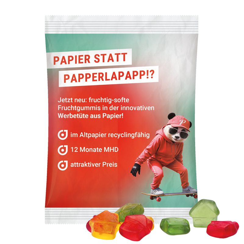 Maxitüte, weißes recyclingfähiges PapierPlus Pro, Trolli Fruchtgummi Haus