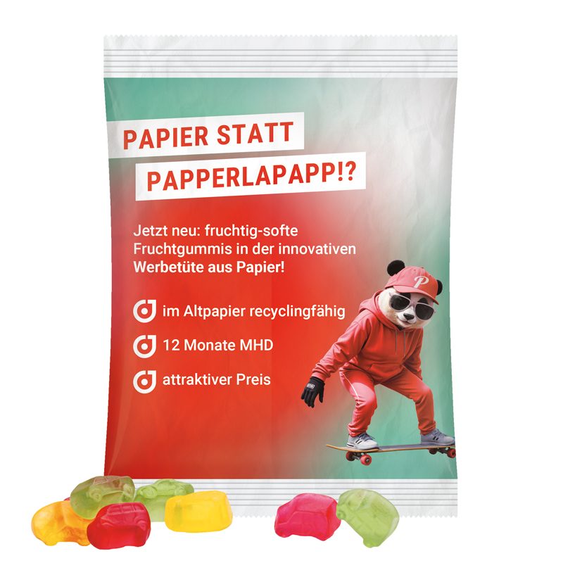 Maxitüte, weißes recyclingfähiges PapierPlus Pro, Trolli Fruchtgummi Auto-Mischung