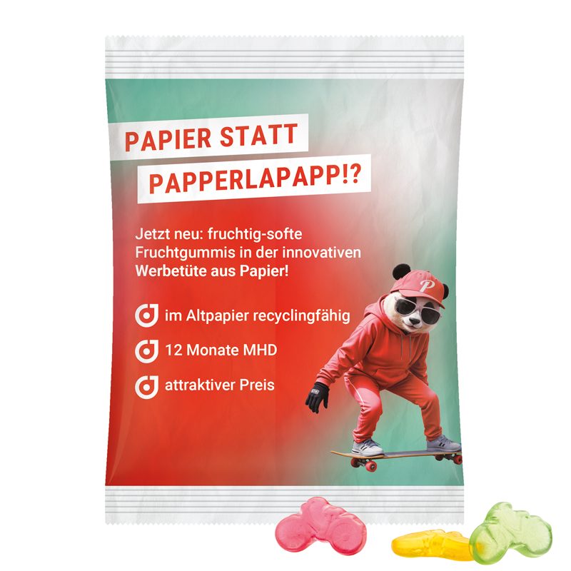 Maxitüte, weißes recyclingfähiges PapierPlus Pro, Trolli Fruchtgummi Fahrrad