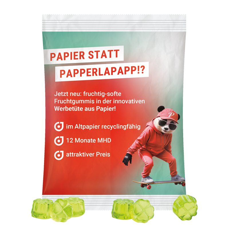 Maxitüte, weißes recyclingfähiges PapierPlus Pro, Trolli Fruchtgummi Kleeblatt