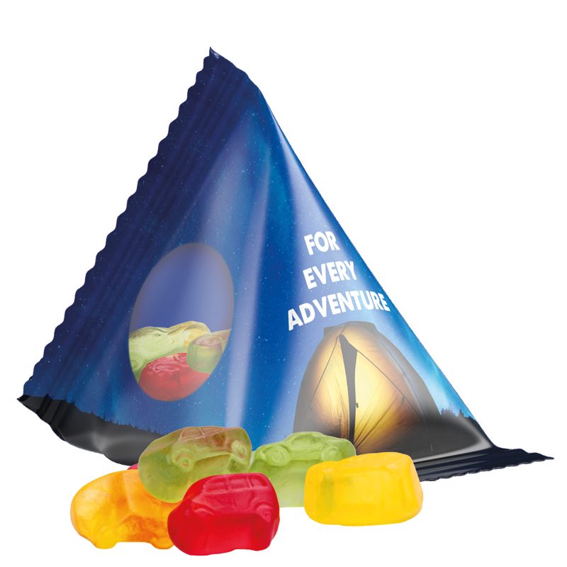 Fruchtgummi Tetraeder, Folie transparent, Trolli Fruchtgummi Auto-Mischung