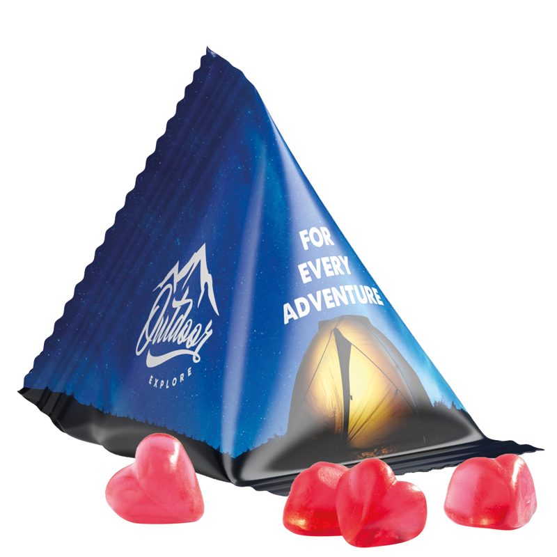 Fruchtgummi Tetraeder, weiße Folie, Trolli Fruchtgummi Herz rot