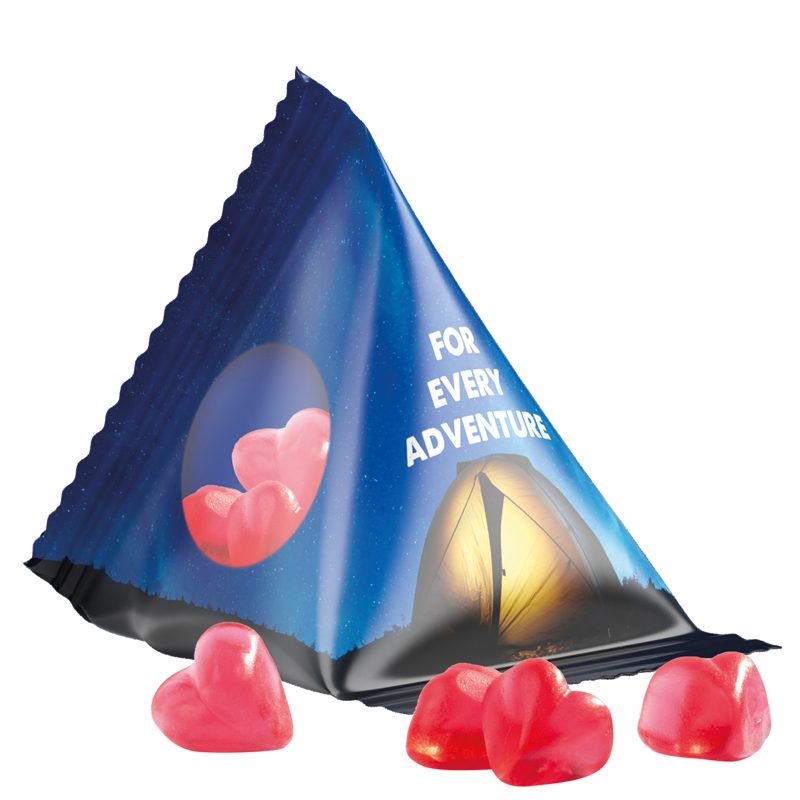 Fruchtgummi Tetraeder, Folie transparent, Trolli Fruchtgummi Herz rot