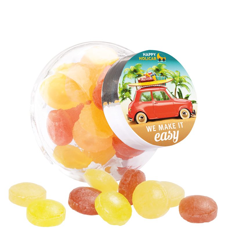 Bonbonglas Mini, Papier-Etikett, Mini Bonbons Fruchtmix