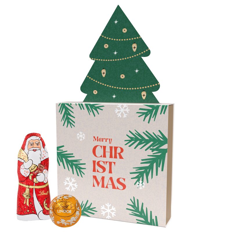 Lindt Präsent im Werbeschuber "Tannenbaum", Kleine Kostbarkeiten Santa