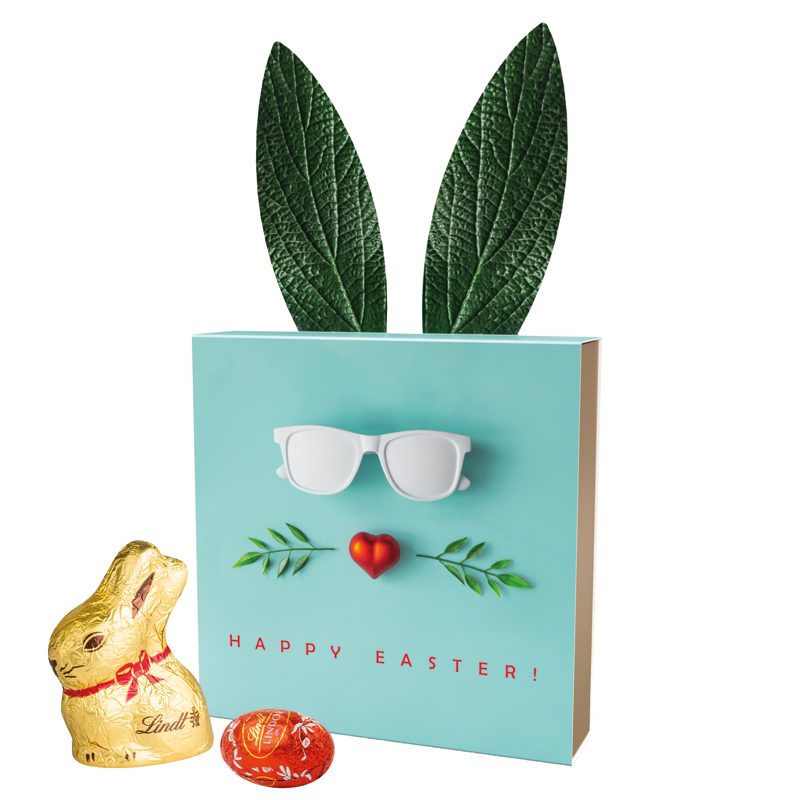 Lindt Präsent im Werbeschuber "Hasenohren", Kleine Kostbarkeiten Goldhase