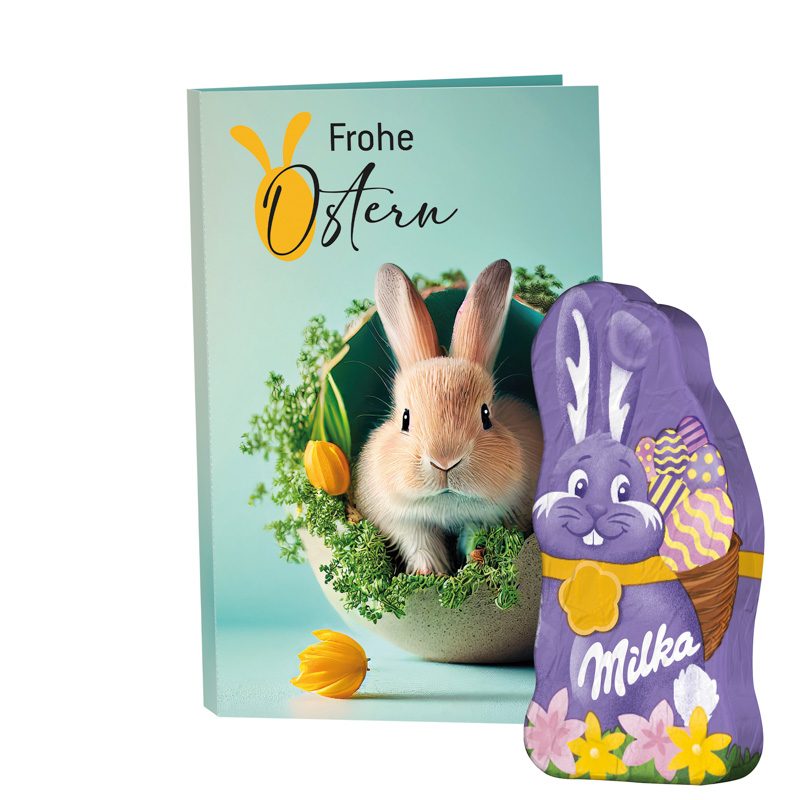 Werbekarte Visitenkartenformat, Milka Mini Schmunzelhase