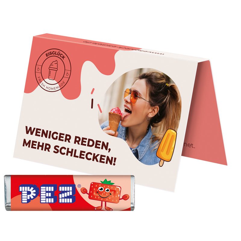 Werbekarte Visitenkartenformat, PEZ Bonbonriegel Erdbeere